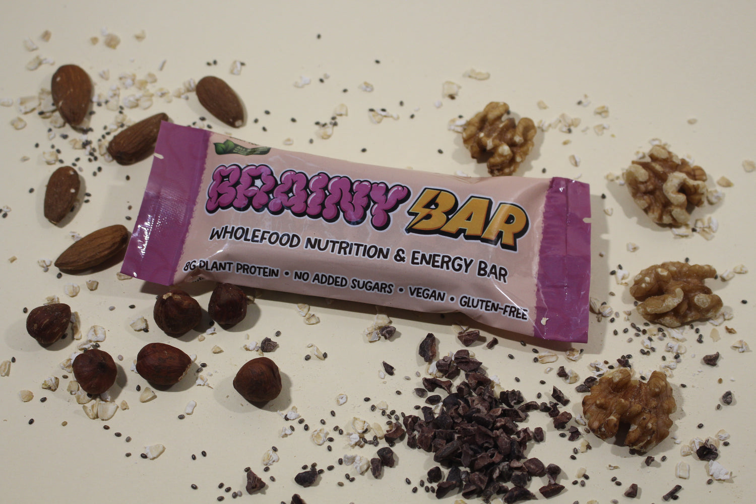 Brainy bar energy bar surrounded by ingredients